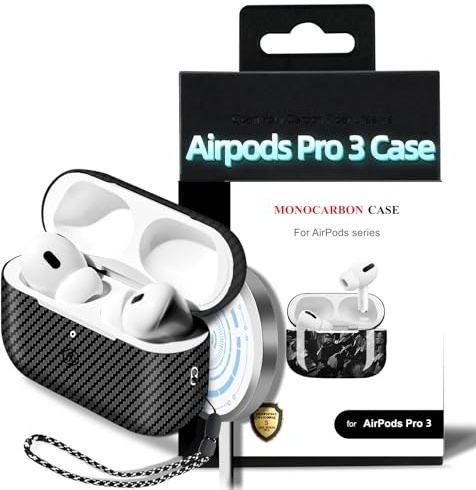 MONOCARBON Echte Kohlefaser-Hülle für AirPods Pro 3, schlanke Schutzhülle mit Lanyard, kompatibel mit MagSafe, kratzfest und sturzsicher, Twill Mattschwarz
