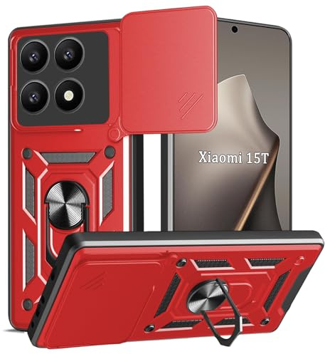 WeiCase Hülle für Xiaomi 15T, Kameraschutz mit Slide Camera, Rüstung Schutzhülle mit 360 Grad Ring, Metall Halter Magnet Ständer, Silikon Stoßfest Handyhülle,Rot