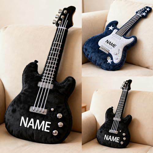 Chitarra basso personalizzata a forma di cuscino a tema musica amante chitarristi regali, nome personalizzato 2D stampato strumento musicale chitarra basso gettare cuscino divano cuscini decorativi