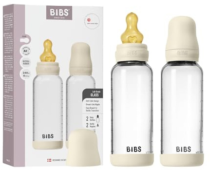 BIBS Babyflasche aus Glas, 240 ml, 2-pack, Naturkautschuk-Sauger, Ivory | Anti-Kolik | Naturkautschuk-Sauger | Mittlerer Fluss | Stillfreundlich | Hergestellt in Dänemark | BIBS Sauger