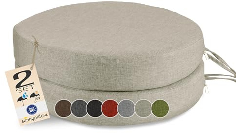 sunnypillow 2er Set Stuhlkissen Rund Ø 40cm wasserdicht, Cremefarben | UV-lichtecht, 7cm dick, Outdoor Polsterauflage mit Bändern, Auflage für Stühle, Sitzkissen Stuhlauflage für Haus und Garten