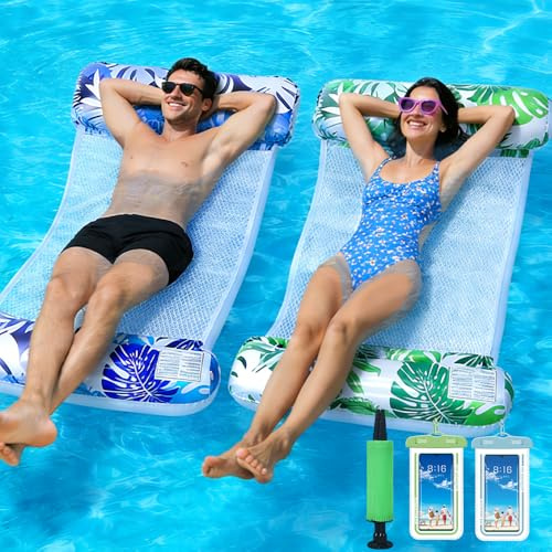 2 Pack Inflatable Pool Floats Hammock with 1 Pump and 2 Waterproof Phone Cases, Netted Lilo Pool Inflatables, 4 in 1 Swimming Pool Hammock Floats Water Toys for Adults Beach Summer Holiday