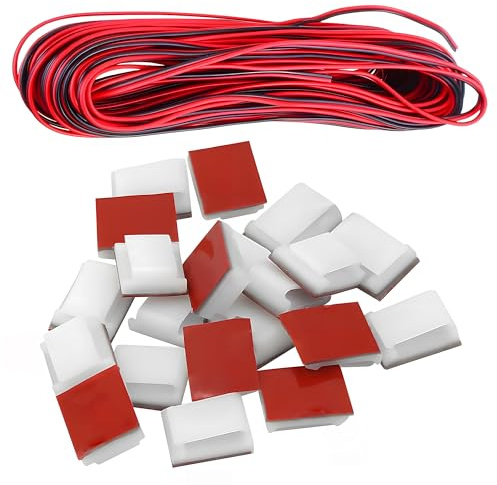 22AWG Electrical Wire 15M with 15 Clips, High Temp Flexible Extension Twin Earth Cable Electrical Wire 2 Core Cable Black Red for Car LED Strip Light