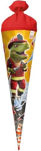 ROTH Schultüte 70 cm groß mit Motiv Feuerwehr Dino – runde Zuckertüte zur Einschulung mit Filzverschluss und Stabiler Rot(h)-Spitze
