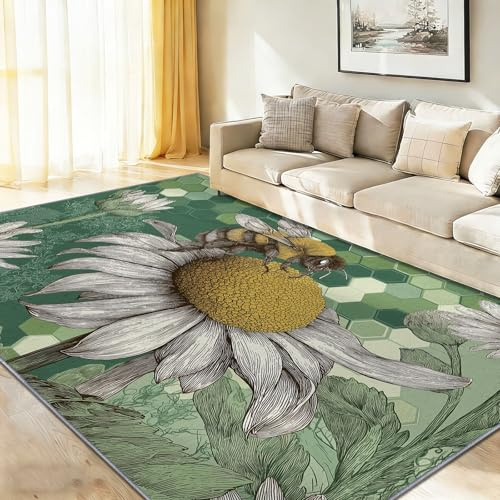 Teppich Wohnzimmer rutschfest 120 x 180 cm, Grün Gelb Waschbar Teppich Schlafzimmer, Honigbiene & Sonnenblume Kurzflor Bettvorleger Teppiche Gegend, Tiere Pflanzen & Blumen Teppichen Küche