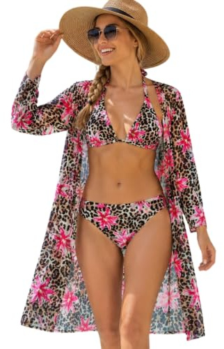 Xumplo Womens 3-Piece Leopard Bikini Set Ladies Floral Halter Triangle Top & Bottom with Sheer Cover Up Swimming Costume