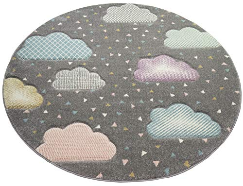 Teppich-Traum Kinderteppich Wolke Kinderzimmerteppich in grau blau rosa Größe 160 cm Rund