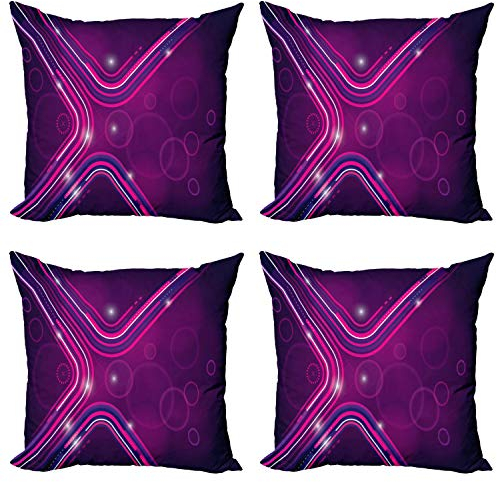 ABAKUHAUS Aubergine Dekokissen Kissenbezug 4er Pack, Lila Linien Kreise, Modern Accent Doppelseitiger Digitaldruck, 40 x 40 cm, Violett Rosa