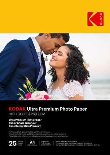 KODAK Ultra Premium Photo Paper - Papier Photo Brillant, Pack de 25 Feuilles, Format A4 (21x29,7cm), 280g/m², Impression Jet d'Encre, Idéal pour Albums et Cadres