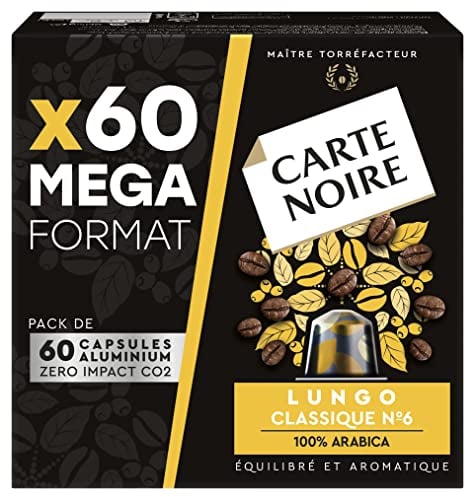 CARTE NOIRE - Capsules de Café Espresso Lungo N°6 Compatibles Nespresso® - Café Arabica - Lot de 4 x 60 Capsules Aluminium - Fabriqué en France