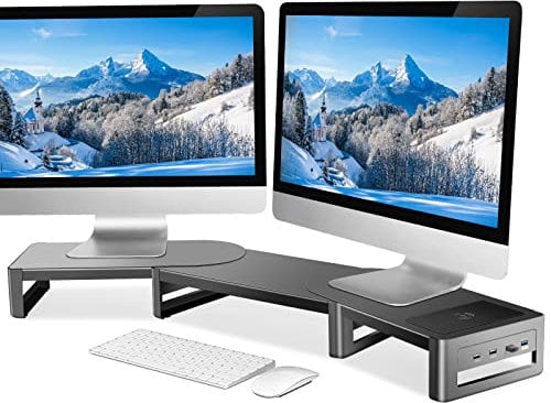 meatanty Dual Monitor Stand Riser, USB Monitorständer mit einstellbarer Länge und Winkel, Metall Monitorständer für Schreibtisch, Monitorerhöhung für 2 Monitore mit Stauraum (3 Regale)