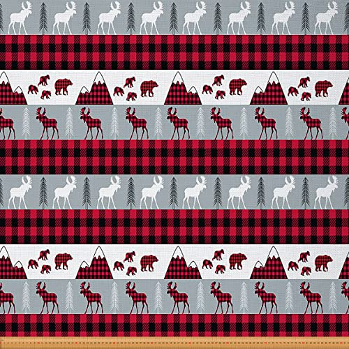 Loussiesd Weihnachten Elch Polsterstoff von The Yard Xmas Tartan Plaid Buffalo Check Draussen Stoff von The Yard Wild Deer Bear Dekostoff für Polster und Heimwerkerprojekte Rot Grau 276x150cm