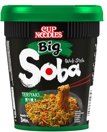 Nissin Cup Noodles Soba BIG – Teriyaki, Einzelpack, Wok Style Instant-Nudeln japanischer Art, mit Teriyaki-Sauce und Gemüse, schnell im Becher zubereitet, asiatisch Essen, große Portion (1 x 113 g)
