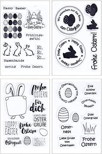 Silikonstempel Ostern Deutsch Set, 4 Blätter Clear Stamp Ostern Clear Stempel OsterHasen Ostereier Silikonstempel Frühling für DIY Bullet Journal Scrapbooking Fotoalbum Deutsch Stempelset Ostern
