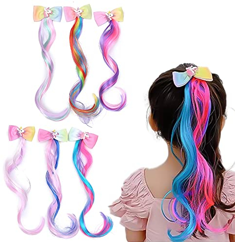 6PCS Haarverlängerung Clips Einhorn Haarschmuck Mädchen Bogen Prinzessin Haarspangen Bunte Haarsträhnen Haarteile Synthese Party Ankleiden