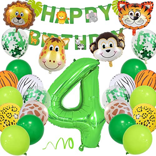 4 Geburtstag Deko Junge Mädchen, Wilde Waldtiere Dschungel Kindergeburtstag Deko 4. Jahr mit Safari Tier Luftballons, Happy Birthday Banner Zahlen Ballon 4 für Kinder Wild Geburtstagdeko