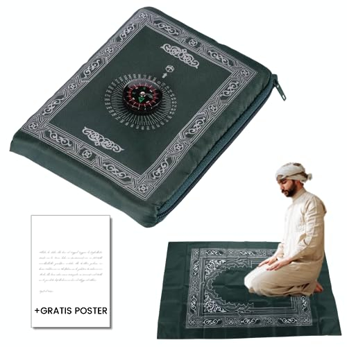 HAVA Artwork Gebetsteppich to go mit Kompass + Geschenk, namazlik, Pocket Prayer mat, Praying mat Muslim, Salah mat, Reise gebetsteppich, Gebets-Poster Gratis dazu (Dunkelgrün)