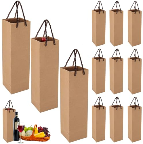 POPOYU 12 Pièces Pochette Cadeaux Bouteilles,Marron Sacs Cadeaux de Bouteilles de Vin en Papier Kraft avec Poignées,Emballage Bouteille Vin et Champagne pour Noël, Mariage, Anniversaire Fête