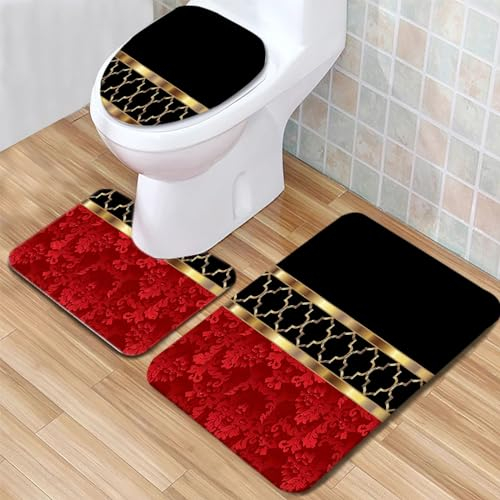 Badematte Goldenes Hohlmuster Badezimmerteppich Set 3 Teilig Mikrofaser Badteppiche und WC Vorleger mit Ausschnitt Waschbar rutschfeste Badvorleger Toilette Teppich