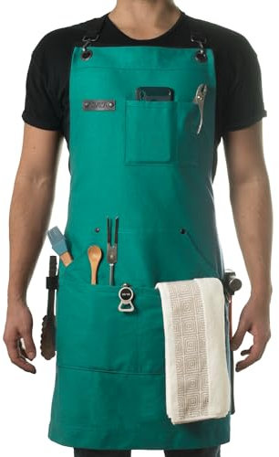 Asaya Chef and BBQ Apron with Bottle Opener and Hand Towel - 10oz Cotton Canvas, Stainless Steel Hardware - Cross Back Straps, Forest Green, One Size Fits All