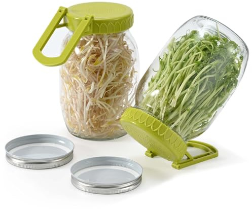 Complete Sprouting Kit - 2 Large Wide-Mouth Mason Jars 32 Oz, 2 Foldalbe Screen Lids with Draining Stand, 2 Metal Canning Lids, Bean Sprouts Grow Kit for Broccoli alfalfa