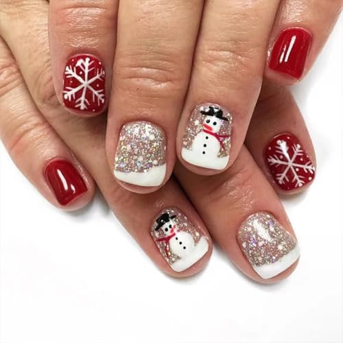 Calkkrer Lot de 24 Faux Ongles Brillants à Coller Courts de Noël - Bonhomme de Neige, Flocons de Neige