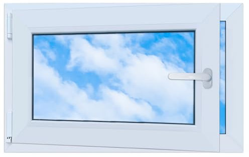 LORAC | Finestra in PVC bianca 800x500 mm, DIN sinistra, ribaltabile e a sporgere, doppia vetratura, a risparmio energetico – Finestra con certificazione CE per cantina e abitazione