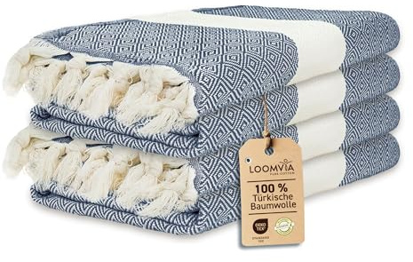 Loomvia - 4er Pack - Hamamtuch groß 100x180 aus 100% Baumwolle – Strandtuch, Saunatuch, Badetuch, Saunahandtuch - Saugstark & leicht - Saunatuch Damen & Herren für Strand, Sauna, Bad - Azur Blau