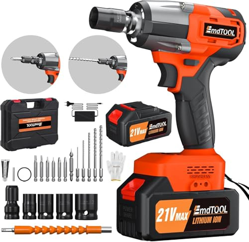 Cordless Impact Wrench,3400RPM Electric Wrench,1/2 Brushless Power Impact Gun, Max Torque 550N.m with LED, 4 Sockets, 12PCS Screwdriver Bits, 4.0Ah Battery & Carry Box for Car Home Projects,Orange