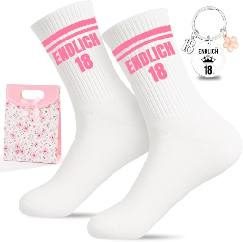 Geschenk 18. Geburtstag Mädchen Set – Endlich 18 Socken (EU36-44) & Schlüsselanhänger & Tüte – Geschenke Zum 18 Geburtstag Mädchen, Lustiges 18 Geburtstag Geschenk Für Tochter, Freundin & Schwester