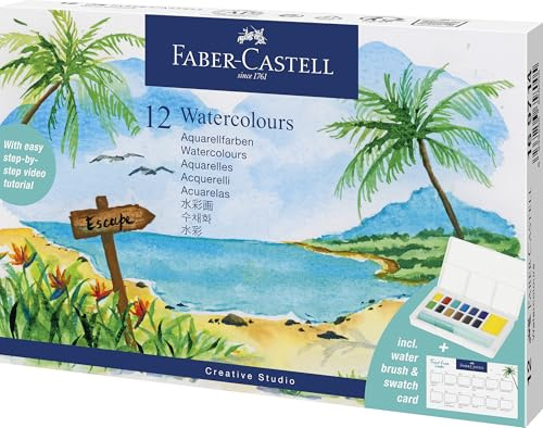 FABER-CASTELL - Mini Aquarell Set Tropical Escapes, 12 Farben | Inkl. Mischpalette und Wassertankpinsel, Kompakter Aquarellkasten mit wasservermalbaren Farben für unterwegs