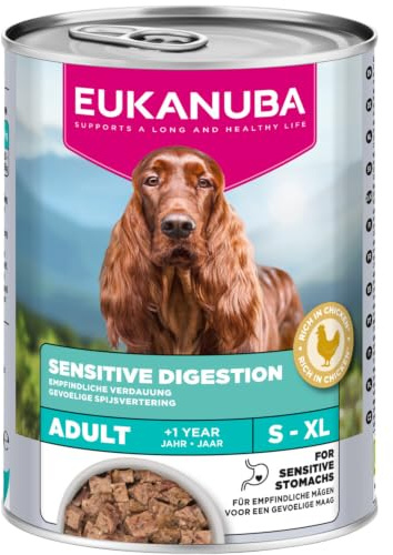 Eukanuba Sensitive Digestion Nassfutter für ausgewachsene Hunde, 6 x 400 g | Special Care | Hundefutter nass |magenfreundliches Futter | für sensible Verdauung | reich an Huhn | ab 1 Jahr