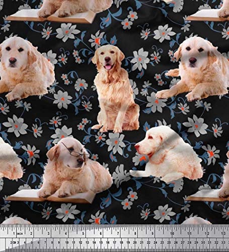 Soimoi Schwarz Baumwoll-Popeline Stoff Blumen, Buch & Golden Retriever Hund Stoff Meterware 42 Zoll breit