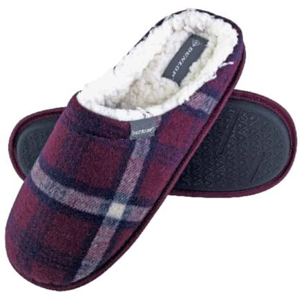DUNLOP - Mens Warm Plush Fleece Lined Slip On Mule Checked Plaid House Slippers