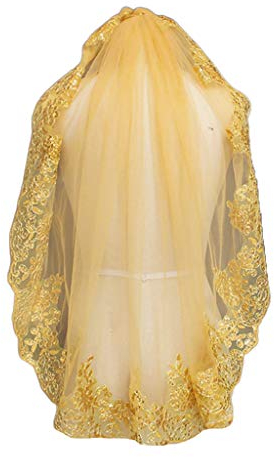 JOYKK Frauen Mesh Metallic Gold Pailletten Bestickte Spitze Vintage Mantilla Brautschleier Kopfbedeckung mit Kamm Party Kostüm - Gold