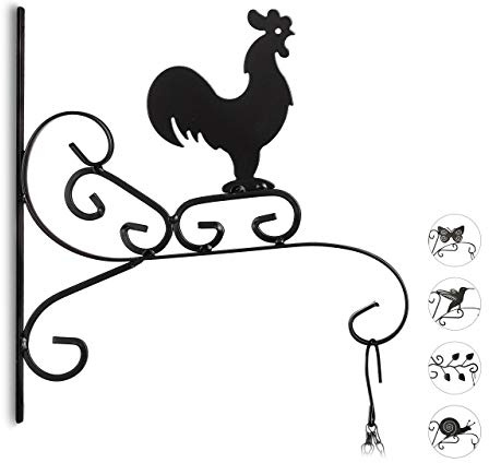 Relaxdays 3x Plant Hook with Cock Motif, Flower Pot Hanger for the Wall, Metal Garden Decor, HxWxD: 30 x 28 x 2 cm, Black