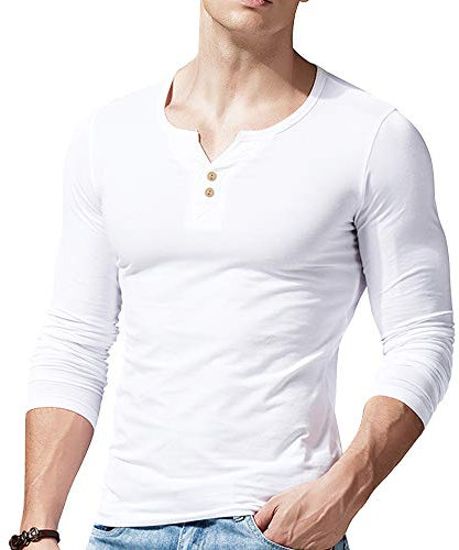 Mens Long Sleeve Muscle Slim Fitted Cotton Henley T-Shirt with Buttons White M
