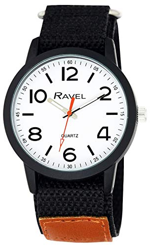 Ravel - Moderne Workwear-Herrenuhr mit einfach zu befestigendem Armband - Schwarz/Weißes Zifferblatt/Schwarzes Armband mit Tan Tongue