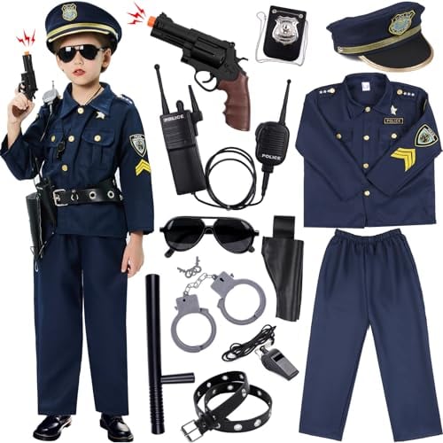 Polizei Kostüm Kinder mit Polizei Ausrüstung Polizei Hemd Hosen Polizeimütze Handschellen Polizeiabzeichen Gürtel Sonnenbrille Walkie Talkie Polizei Spielzeug für Kinder Jungen Halloween Karneval (S)