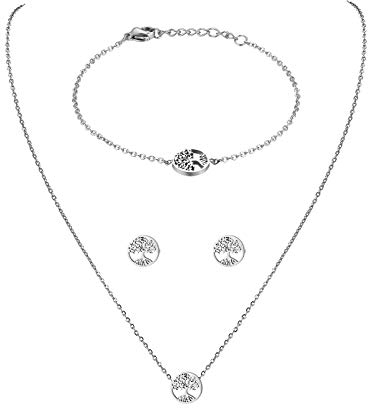 Flongo 3-in-1 Damen Ohrringe Armband Anhänger Halskette Set, Frauen Ohrstecker Armkette Kette Schmuckset Elegant Schmuckset Lebensbaum Silber