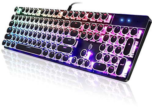 YSCP Clavier de jeu mécanique de style machine à écrire rétroéclairé RVB filaire avec interrupteur bleu, clavier rond rétro 104 touches, compatible avec ordinateurs portables/Chromebook/ordinateur de