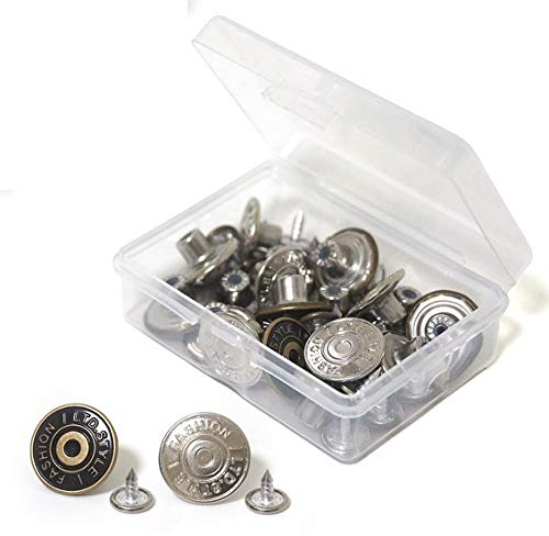 20 Sets Replacement Jean Buttons 20mm Combo Copper Tack Buttons Replacement Kit with Rivets and Metal Base in Plastic Storage Box