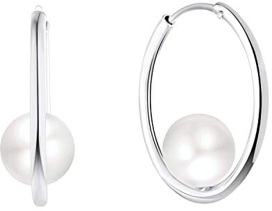 JO WISDOM Perlenohrringe Silber 925 1.5 * 20MM Creolen Hängend Ohrringe mit 7MM Weiß Perlen，Hochzeitsohrringe für Frauen,Schmuck für Frauen
