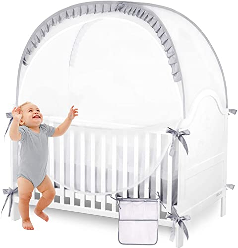 ZXPLO Baby-Sicherheitszelt für Kinderbett, Pop-Up-Moskitonetz, für Kinderzimmer, Betthimmel, Netzabdeckung – hält das Baby Davon ab, herauszuklettern, mit hängender Windel-Aufbewahrungstasche (grau)