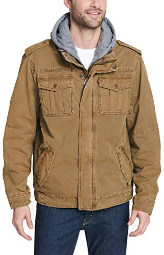 Levi's Men's Washed Cotton Hooded Military Jacket, Worker Brown Quilted, XXL