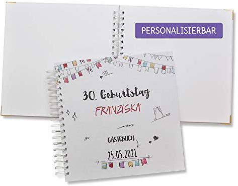 FEENSTAUB Gästebuch Geburtstag, Geburtstagsgästebuch personalisiert [Handmade] Ringbuch [made in Austria], Erinnerungsalbum blanko, Fotoalbum, personalisiertes Buch, Geschenk Geburtstag, Wimpel