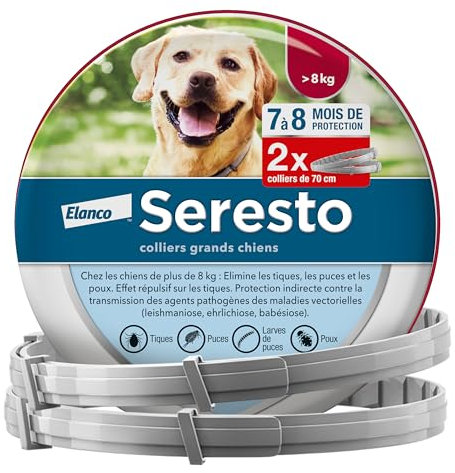 Seresto Collier Grands Chiens – 2 colliers anti puces et anti tiques pour grands chiens de plus de 8 kg – Collier Seresto pour chien 7 à 8 mois de protection, réduit le risque de leishmaniose – Gris