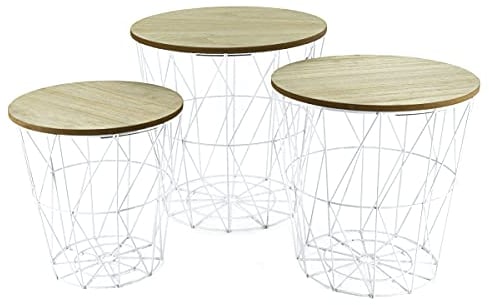Spetebo Metall Beistelltisch mit Stauraum weiß/helle Platten - 3er Set - Wohnzimmer Tisch mit Abnehmbarer Holz Platte Metallkorb Sofatisch Couchtisch
