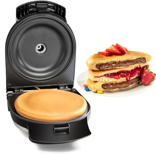 Electric Stuffed Pancake Maker- Make a GIANT Stuffed Waffle or Pan Cake in Minutes- Add Fillings for Delicious Breakfast or Dessert, Nonstick Baker Machine w Silicone Batter Funnel for Easy Use- Gift