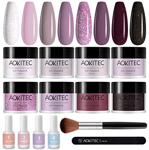 Dipping Powder Nails Set, Aokitec 14Pcs Dip Pulver Nagel Starter Kit 8 Farben Dipping Powder Acryl Nail Puder Glitzer mit Aktivator Basis-/Decklack für Nails Art Maniküre DIY Salon